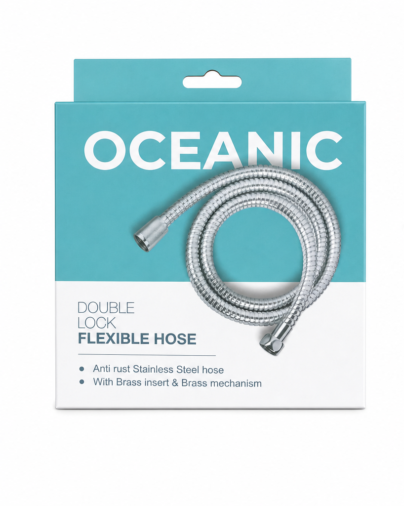 Oceanic double lock flexible stainless steel hose shown next to its teal and white retail packaging box on a plain white background.