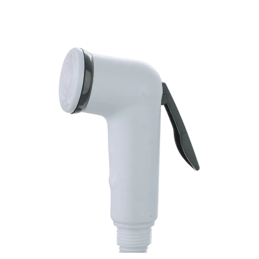 White handheld shower head on a white background