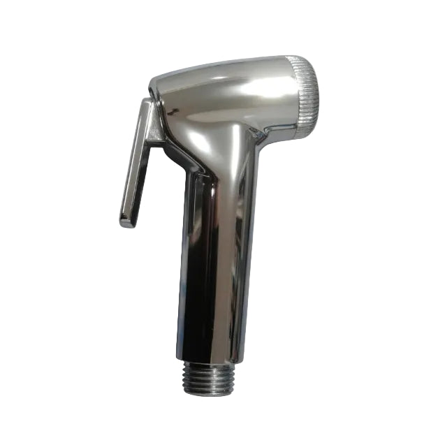 Chrome handheld shower head on a white background