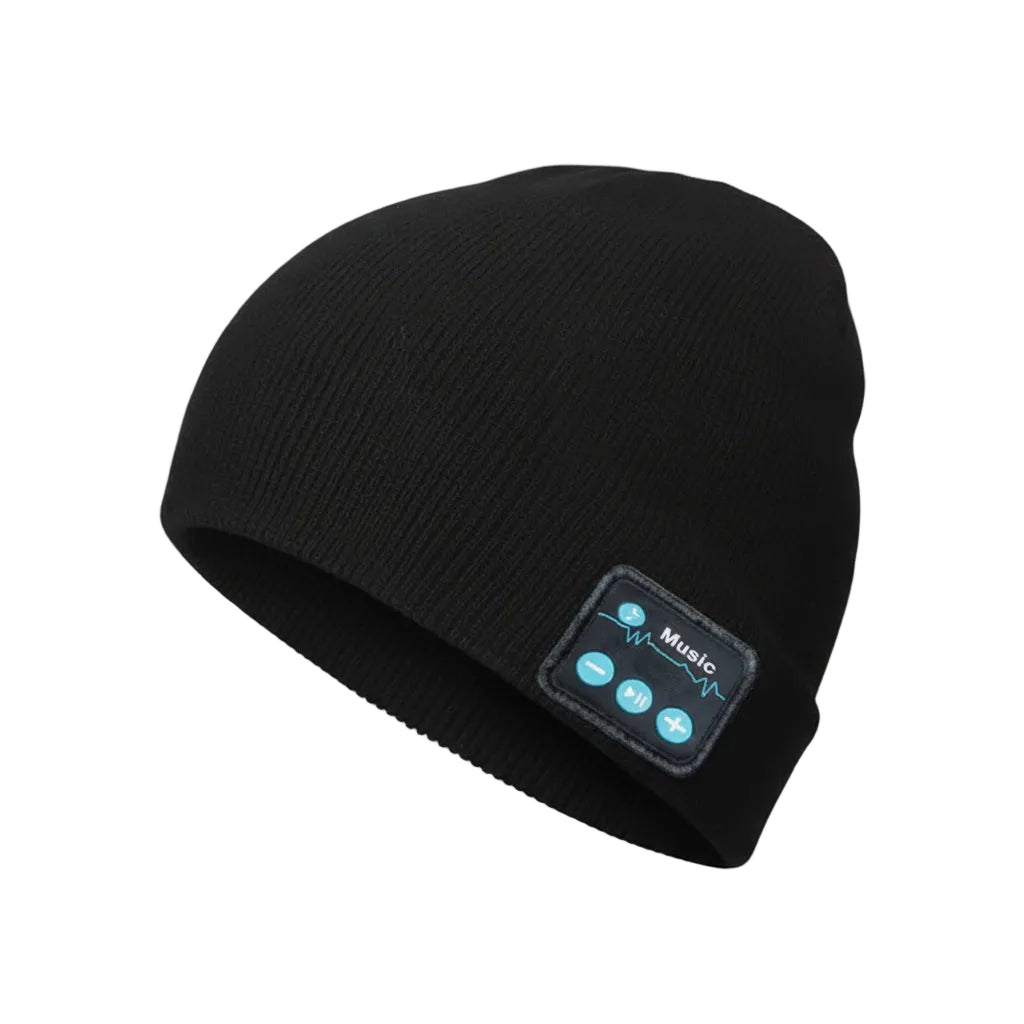 Black beanie with Bluetooth control panel on a white background