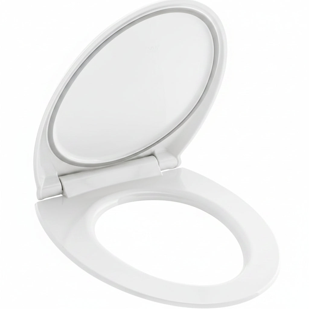 A white plastic toilet seat with the lid raised