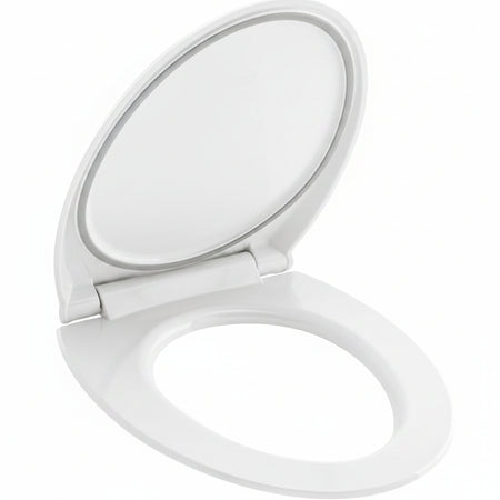 A white plastic toilet seat with the lid raised