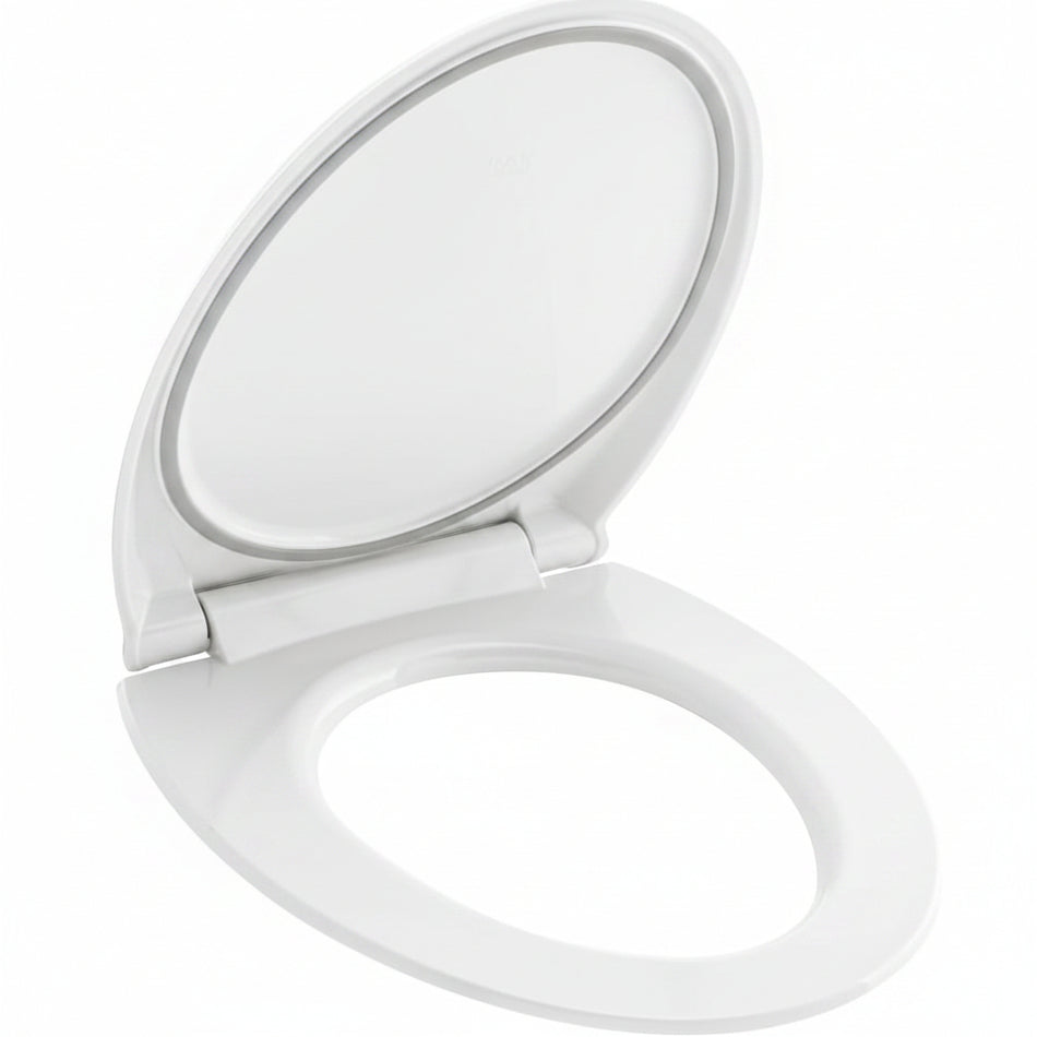 A white plastic toilet seat with the lid raised
