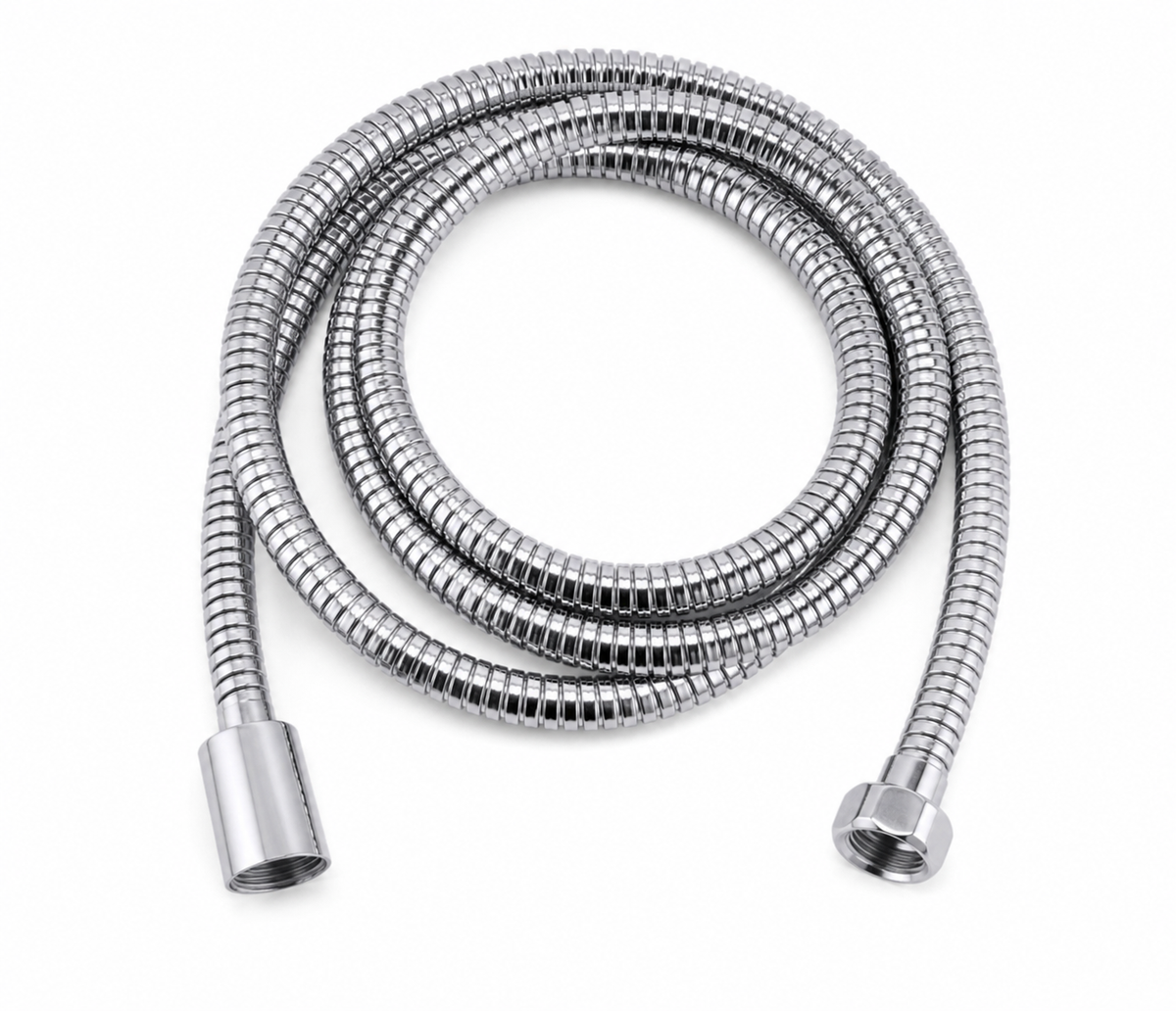 A coiled stainless steel shower hose with a metallic finish, featuring a threaded male connector on one end and a female connector on the other, set against a plain white background.