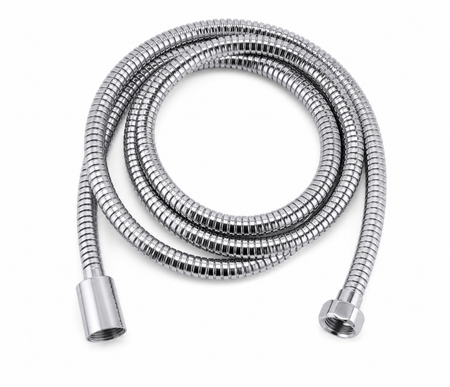 A coiled stainless steel shower hose with a metallic finish, featuring a threaded male connector on one end and a female connector on the other, set against a plain white background.