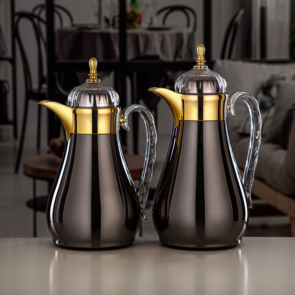 Almarjan Vacuum Flask Set, Push Button, 0.7L + 1L, Gun Black, Gold & Transparent (FG810-070/100 GB/G) - Elegant Vacuum Flask Sets