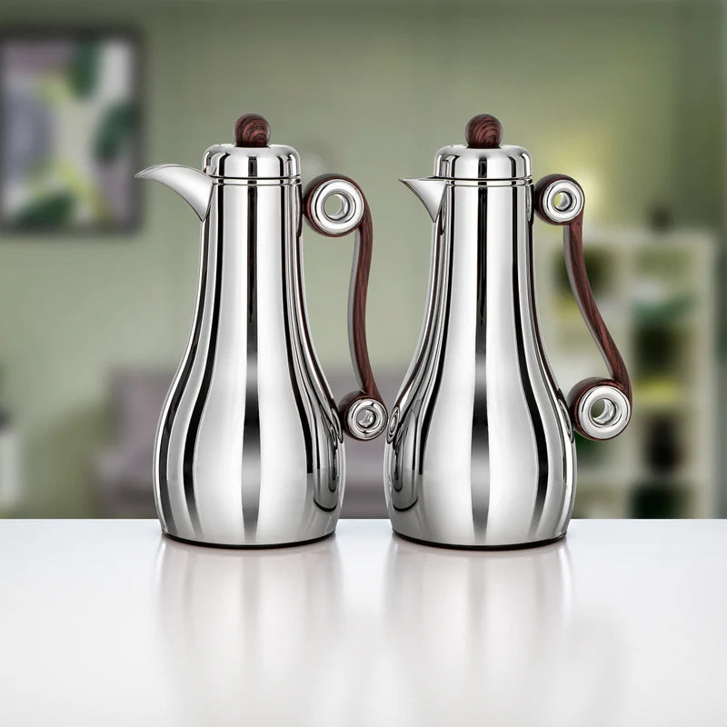 Almarjan 2-Piece Vacuum Flask Set – Silver & Dark Wood (1.0L Each) | Winter Serveware