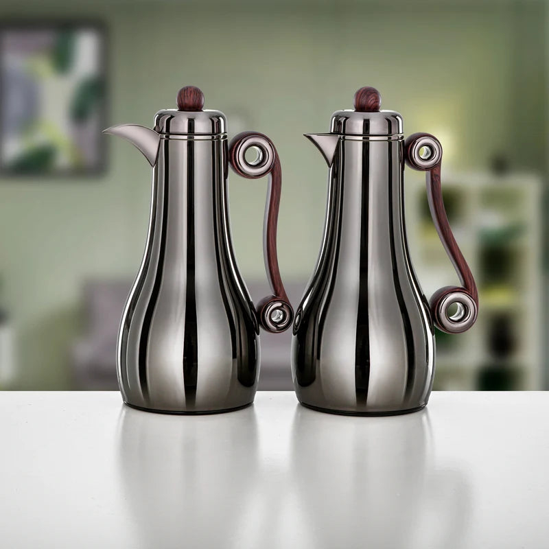 Almarjan 2-Piece Vacuum Flask Set – Gun Black & Dark Wood (1.0L Each) | Winter Serveware