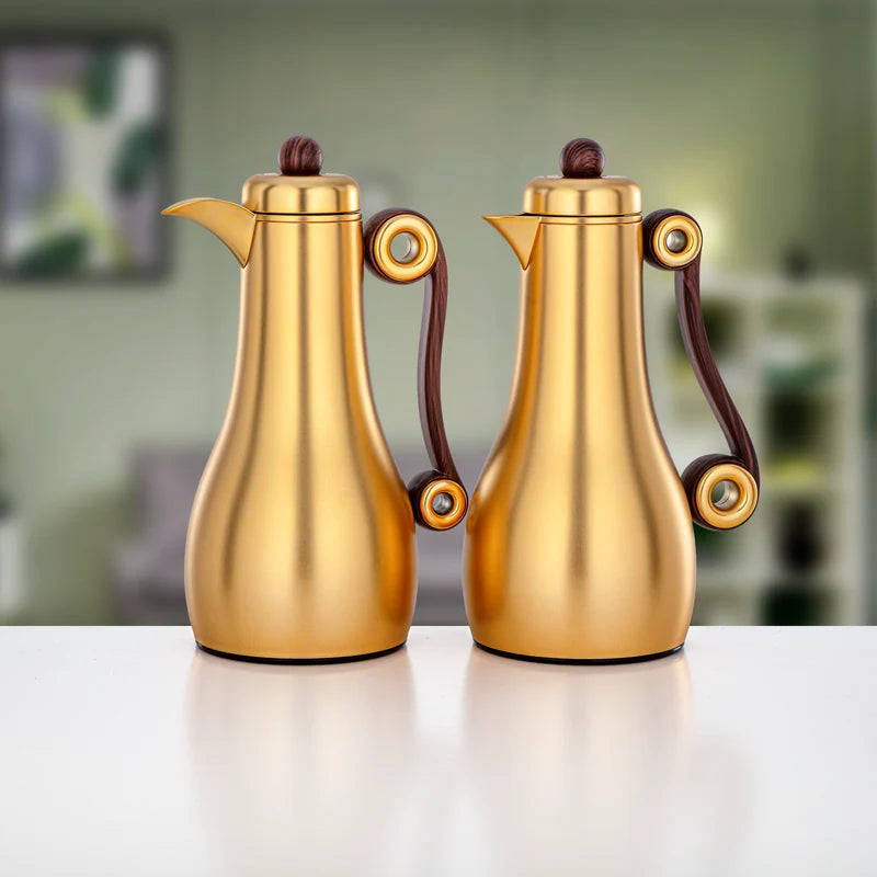 Almarjan 2-Piece Vacuum Flask Set – Matt Gold & Dark Wood (1.0L Each) | Winter Serveware
