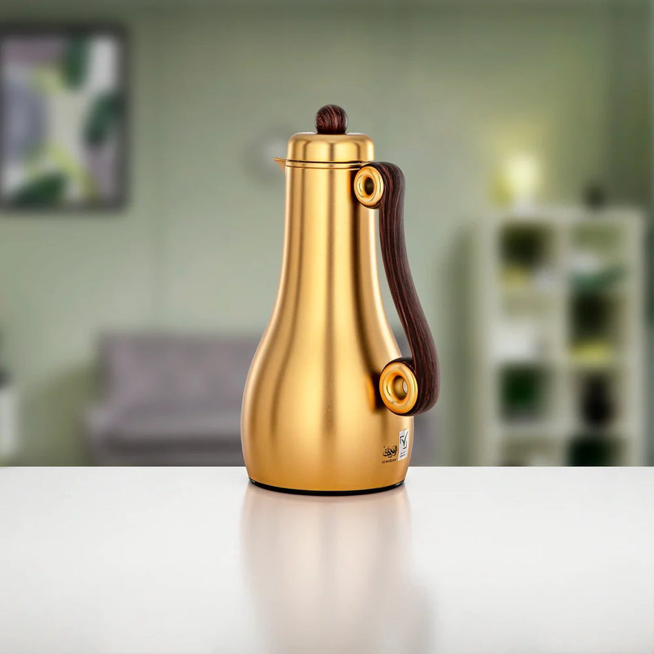 Almarjan 2-Piece Vacuum Flask Set – Matt Gold & Dark Wood (1.0L Each) | Winter Serveware