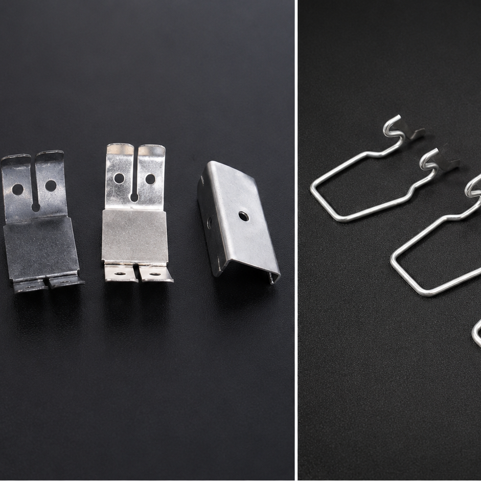 Furring channel clips on a black background with feature text below.