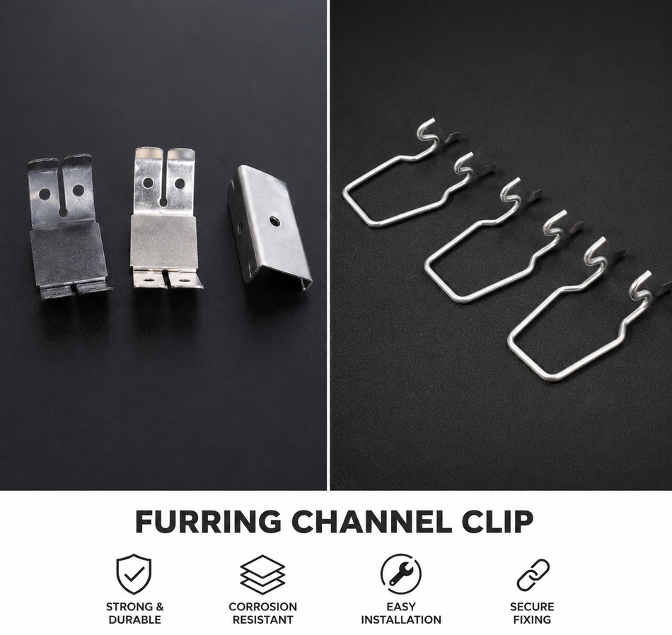 Furring channel clips on a black background with feature text below.