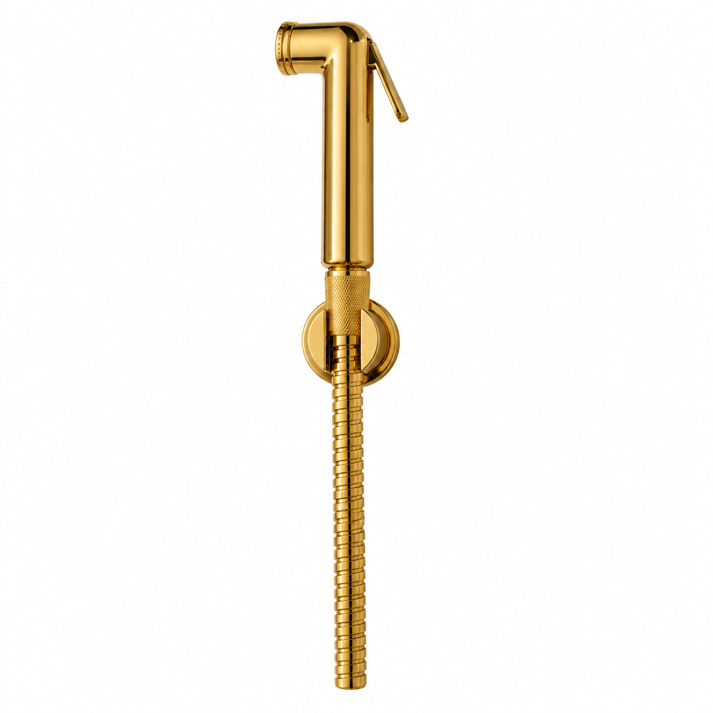 A polished gold handheld bidet shower head with a flexible coiled hose and wall mount, shown against a clean white background.