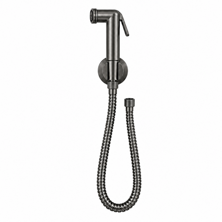 A matte black handheld shower head with a flexible coiled hose and wall mount, shown against a light gray tiled background.