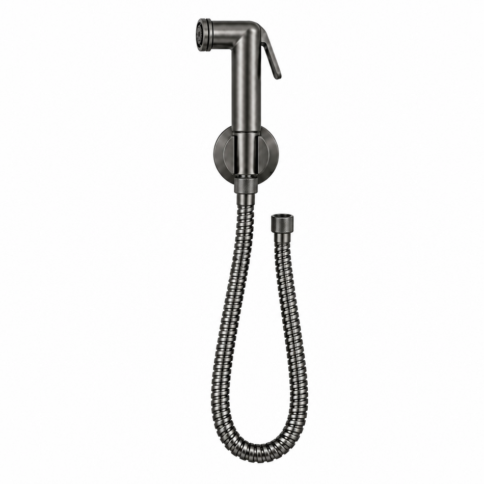 A matte black handheld shower head with a flexible coiled hose and wall mount, shown against a light gray tiled background.
