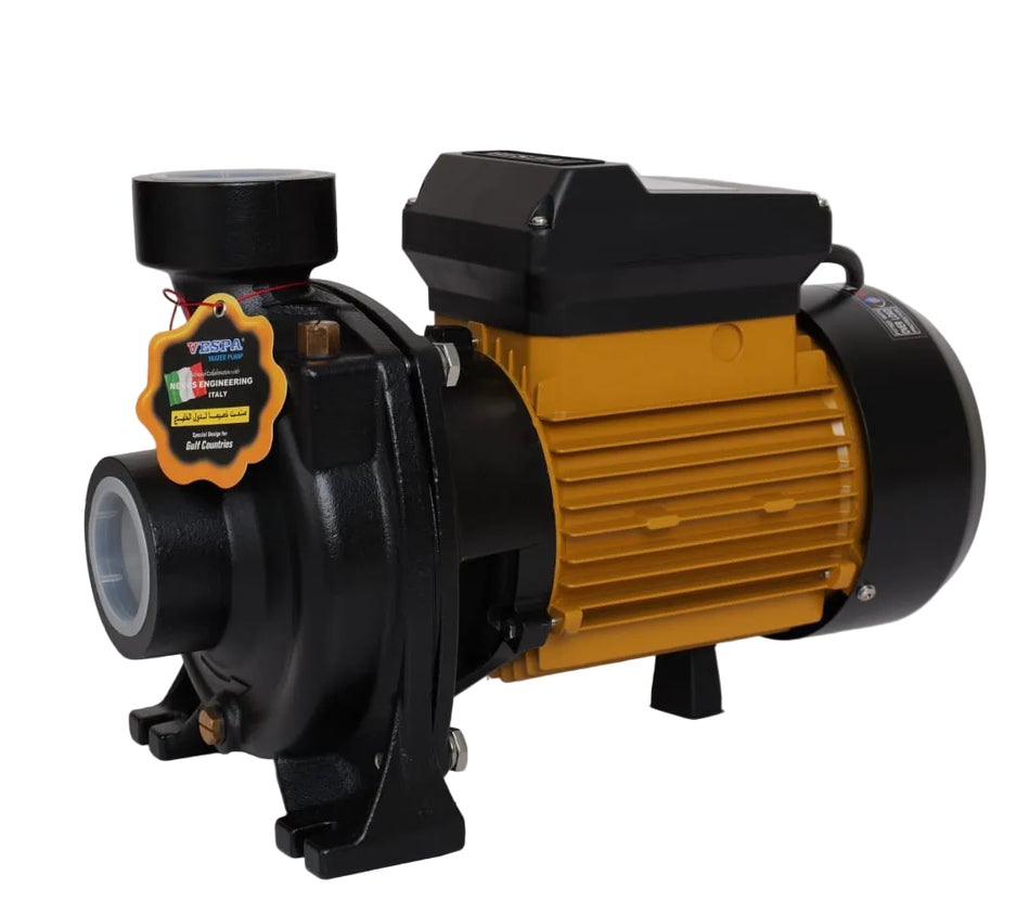 A black and yellow electric water pump with a black motor housing, black casing, and a yellow warning label on the side.