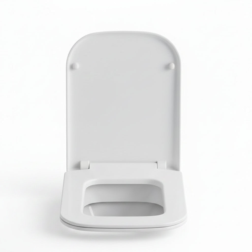 A white plastic toilet seat with the lid raised