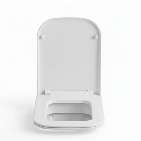 A white plastic toilet seat with the lid raised
