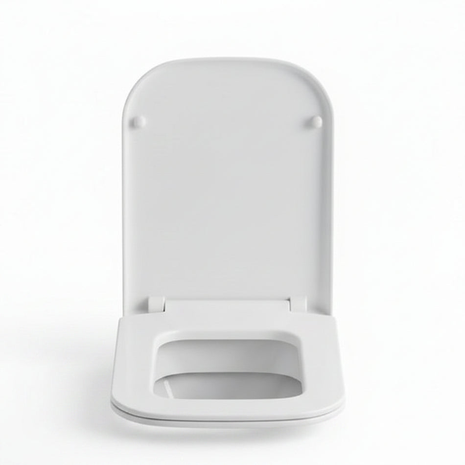 A white plastic toilet seat with the lid raised