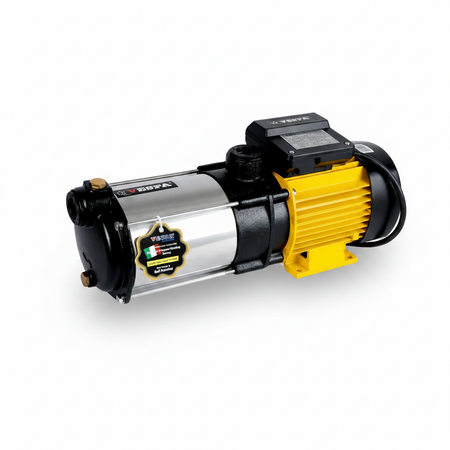 A 220V submersible water pump with a silver stainless steel body, a bright yellow electric motor housing, and black plastic components, shown on a solid white background.