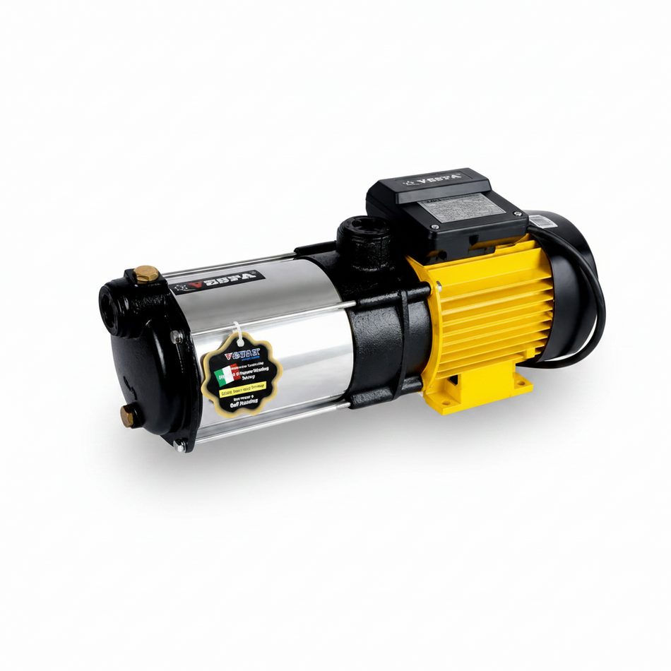 A 220V submersible water pump with a silver stainless steel body, a bright yellow electric motor housing, and black plastic components, shown on a solid white background.
