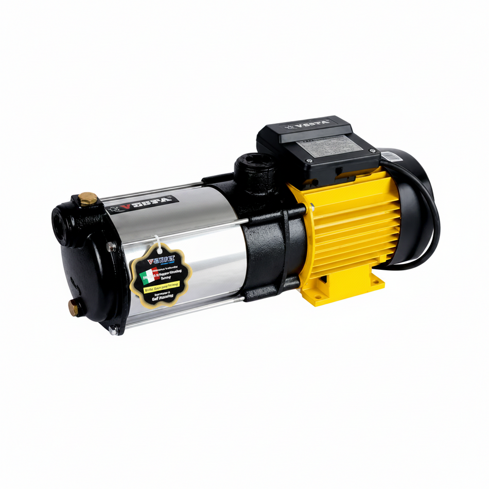 A 220V submersible water pump with a silver stainless steel body, a bright yellow electric motor housing, and black plastic components, shown on a solid white background.