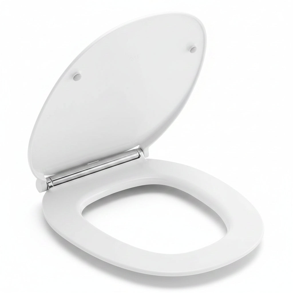 A white toilet seat and lid set shown open against a plain 