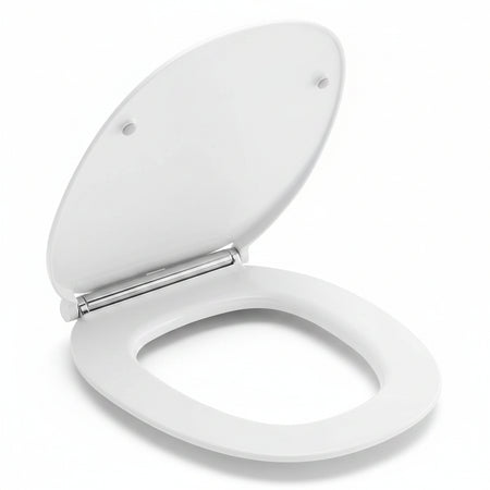 A white toilet seat and lid set shown open against a plain 