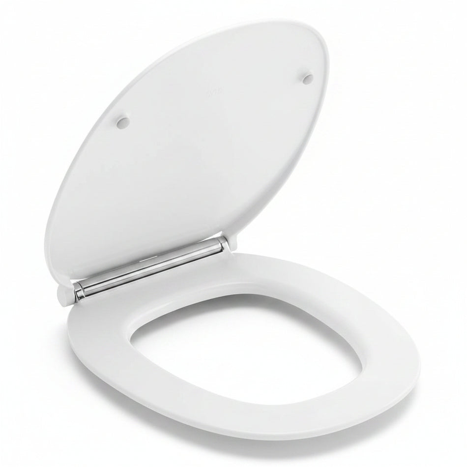A white toilet seat and lid set shown open against a plain 