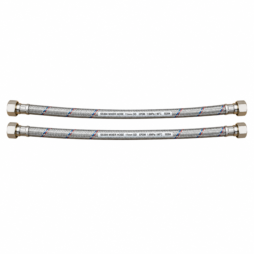 Two stainless steel water supply hoses with brass connectors, shown horizontally on a plain white background.