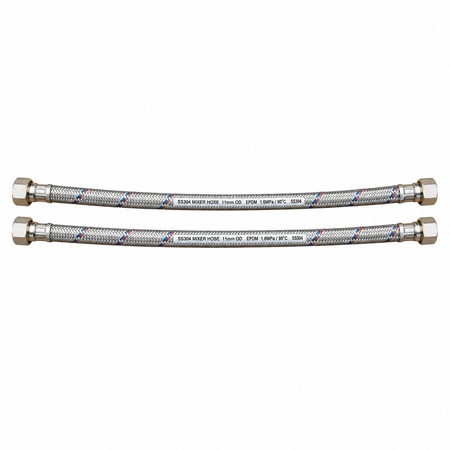 Two stainless steel water supply hoses with brass connectors, shown horizontally on a plain white background.