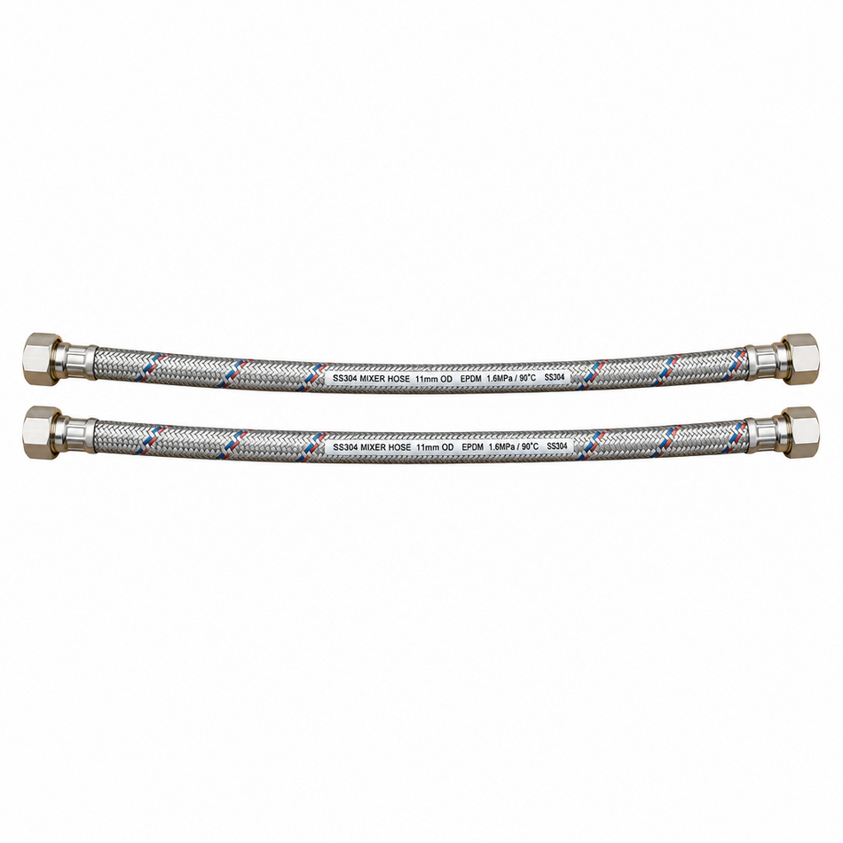 Two stainless steel water supply hoses with brass connectors, shown horizontally on a plain white background.