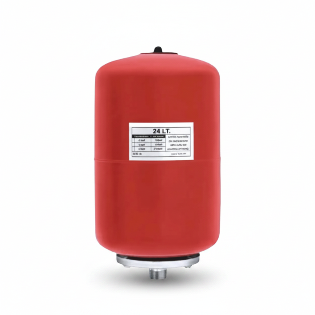 Red cylindrical tank with a label indicating 24 liters 