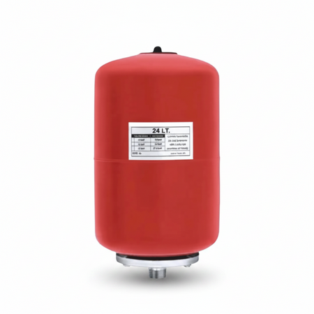 Red cylindrical tank with a label indicating 24 liters 