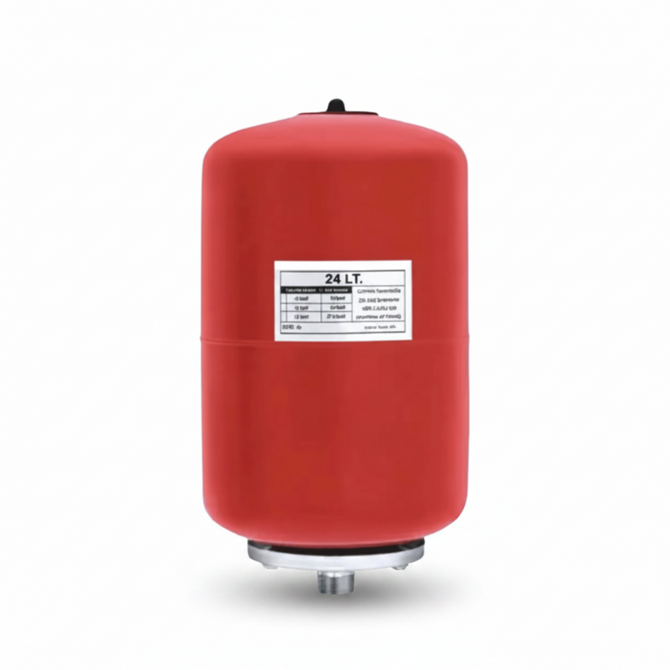 Red cylindrical tank with a label indicating 24 liters 