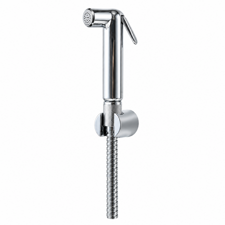 A polished chrome handheld bidet shower sprayer with a flexible braided hose and wall-mounted base, shown on a plain white background.