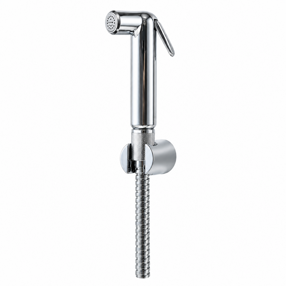 A polished chrome handheld bidet shower sprayer with a flexible braided hose and wall-mounted base, shown on a plain white background.