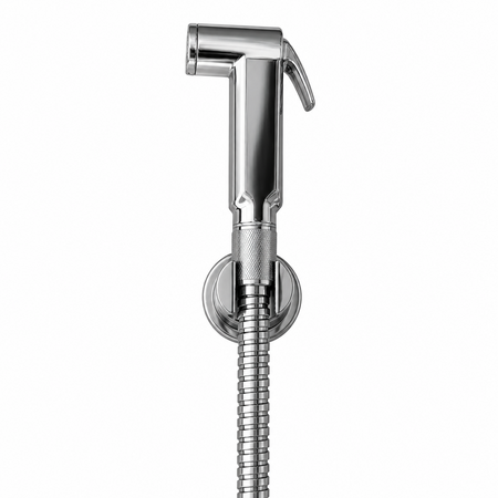 A polished chrome bidet shower sprayer with a flexible metal hose mounted on a beige tiled wall.