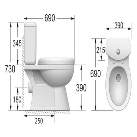 Technical drawing of a toilet with dimensions labeled