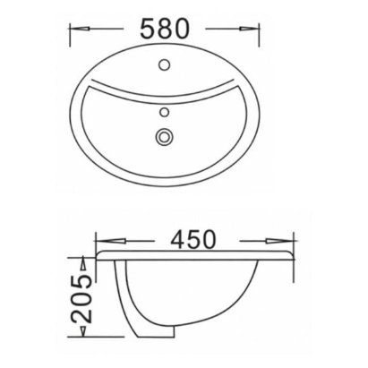 Technical drawing of a round sink with dimensions labeled