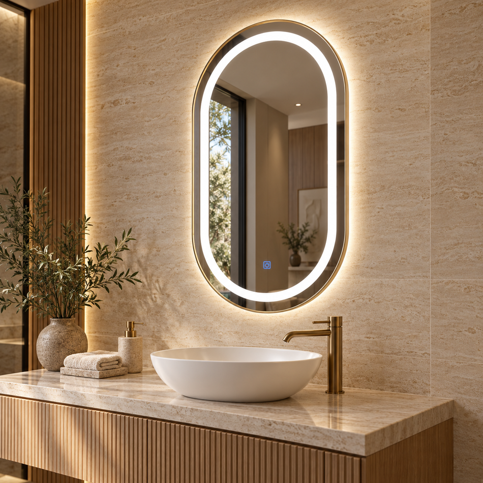 OCEANIC OVAL LED MIRROR WITH TOUCH SWITCH & 3-COLOUR LIGHTING – 80 × 50 CM