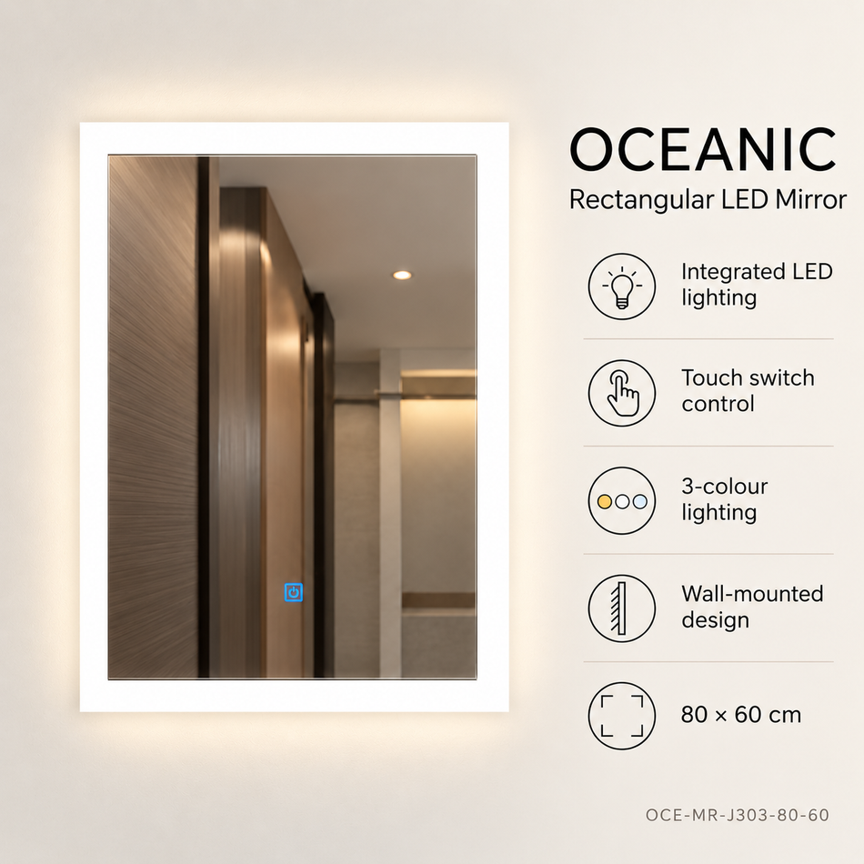 OCEANIC RECTANGULAR LED MIRROR WITH TOUCH SWITCH & 3-COLOUR LIGHTING – 80 × 60 CM