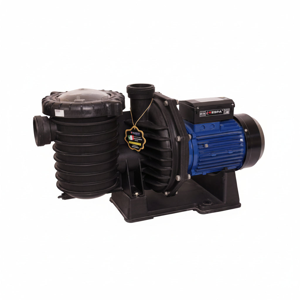 A black and blue SUB-SEA pump with a ribbed filter chamber, black casing, and blue electric motor on a white background.