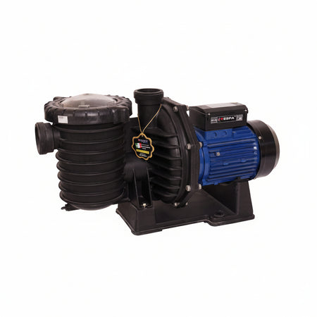 A black and blue SUB-SEA pump with a ribbed filter chamber, black casing, and blue electric motor on a white background.