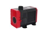 A compact pump or filter unit with a black ribbed body and bright red end panels.