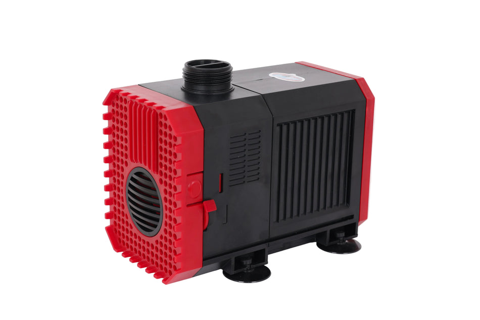A compact pump or filter unit with a black ribbed body and bright red end panels.