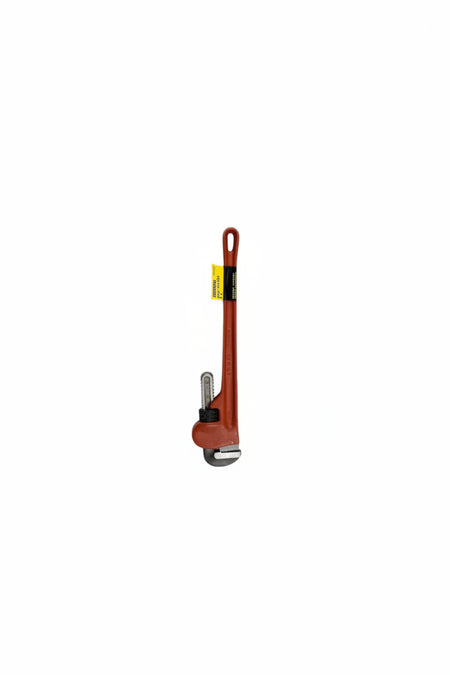 Pipe wrench with a red handle and black jaw, featuring a Stanley logo, on a white background.
