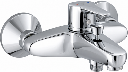 A polished chrome wall-mounted bathroom faucet with a single lever handle and a side temperature adjustment knob