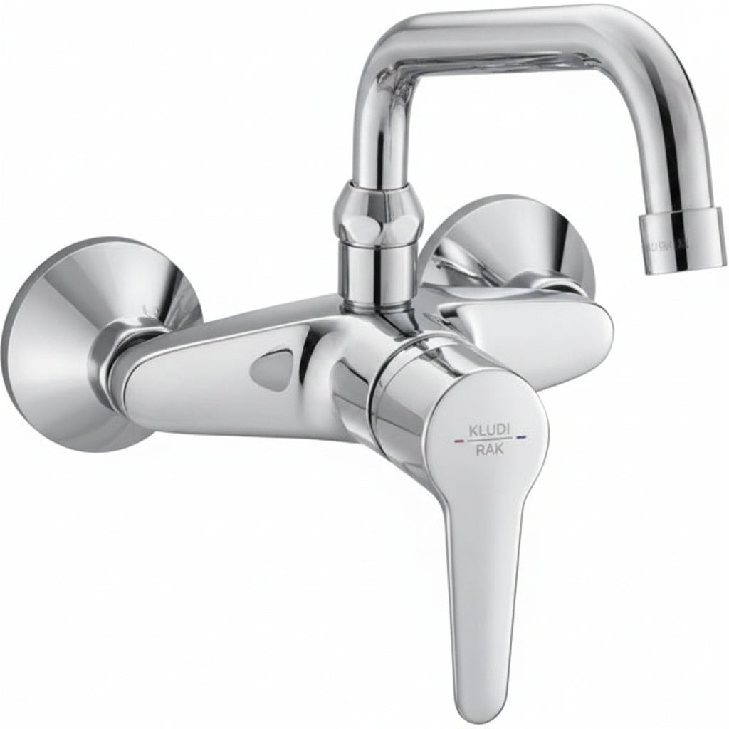 A polished chrome wall-mounted bathroom faucet with a single lever handle