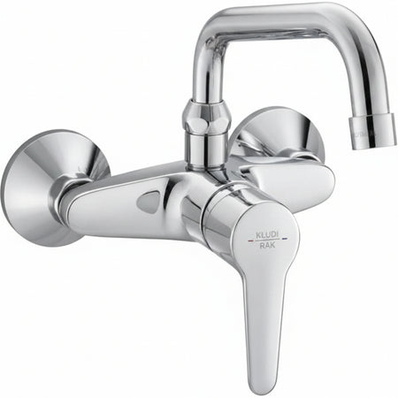 A polished chrome wall-mounted bathroom faucet with a single lever handle